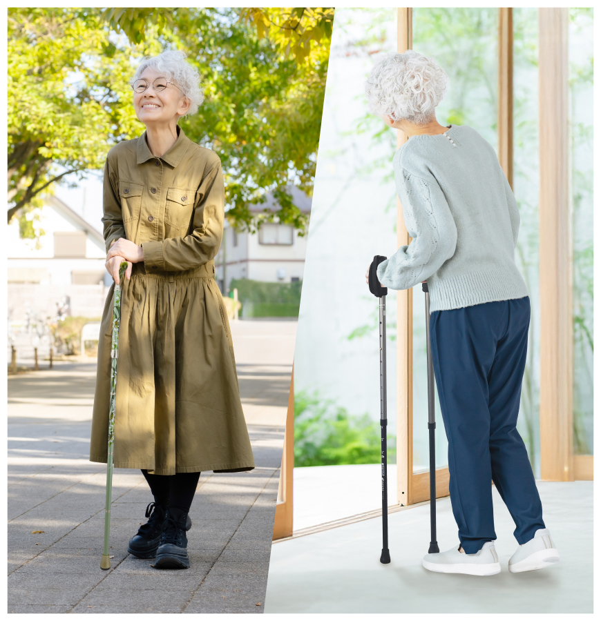転倒予防の杖と姿勢改善、筋力維持、介護予防のための2本杖