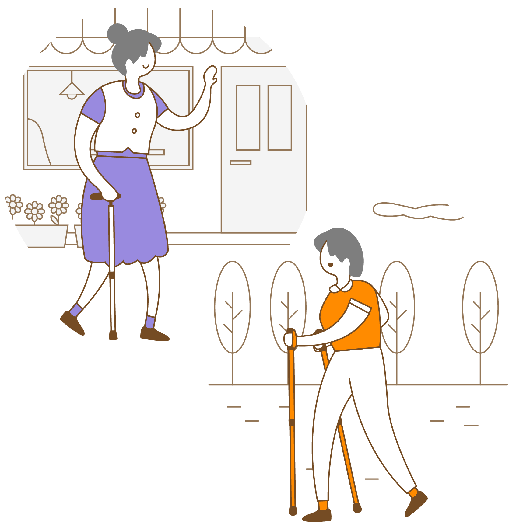 日常の散歩やウォーキングには2本杖、お出かけには杖でおしゃれも楽しむ